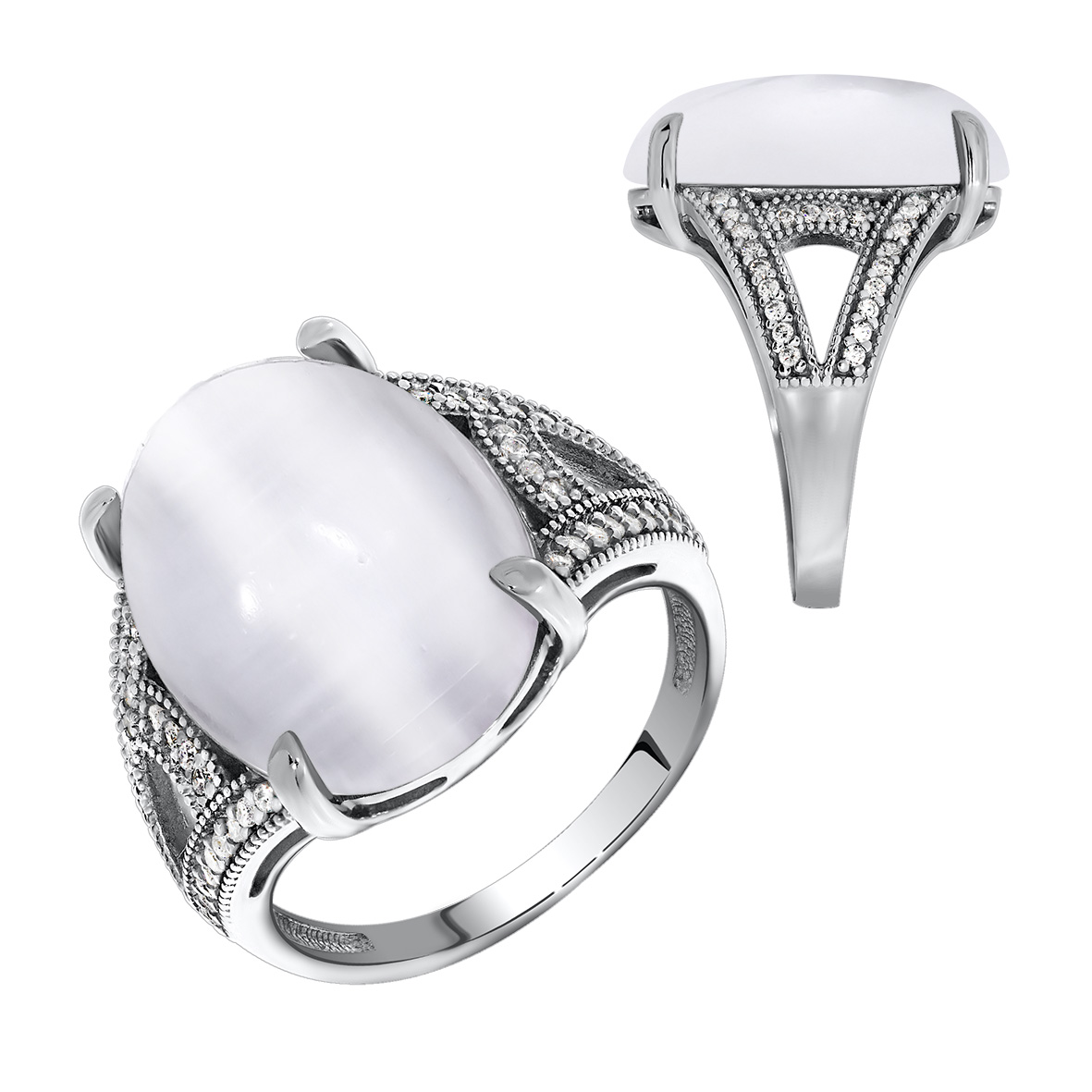 Купить оптом кольцо из серебра с кошачий глазом и фианитами 1340263537 от Krasnoe