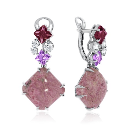 Купить оптом серьги из серебра с родонитами, стеклоами, кристалл ювелирныйами и фианитами 2340450878 от Krasnoe