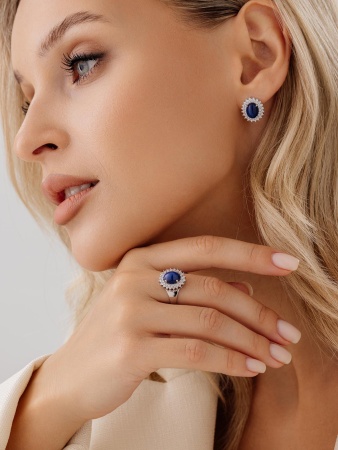 Купить оптом серьги из серебра с сапфир звездчатыйами и фианитами 2340940145л-8 от Krasnoe